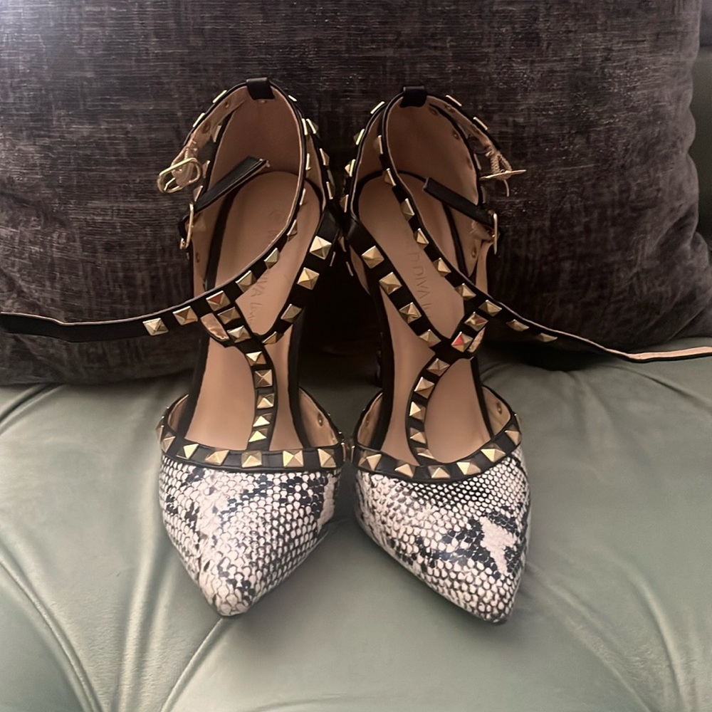 Black and White Snake Print Bite Studded Stilettos